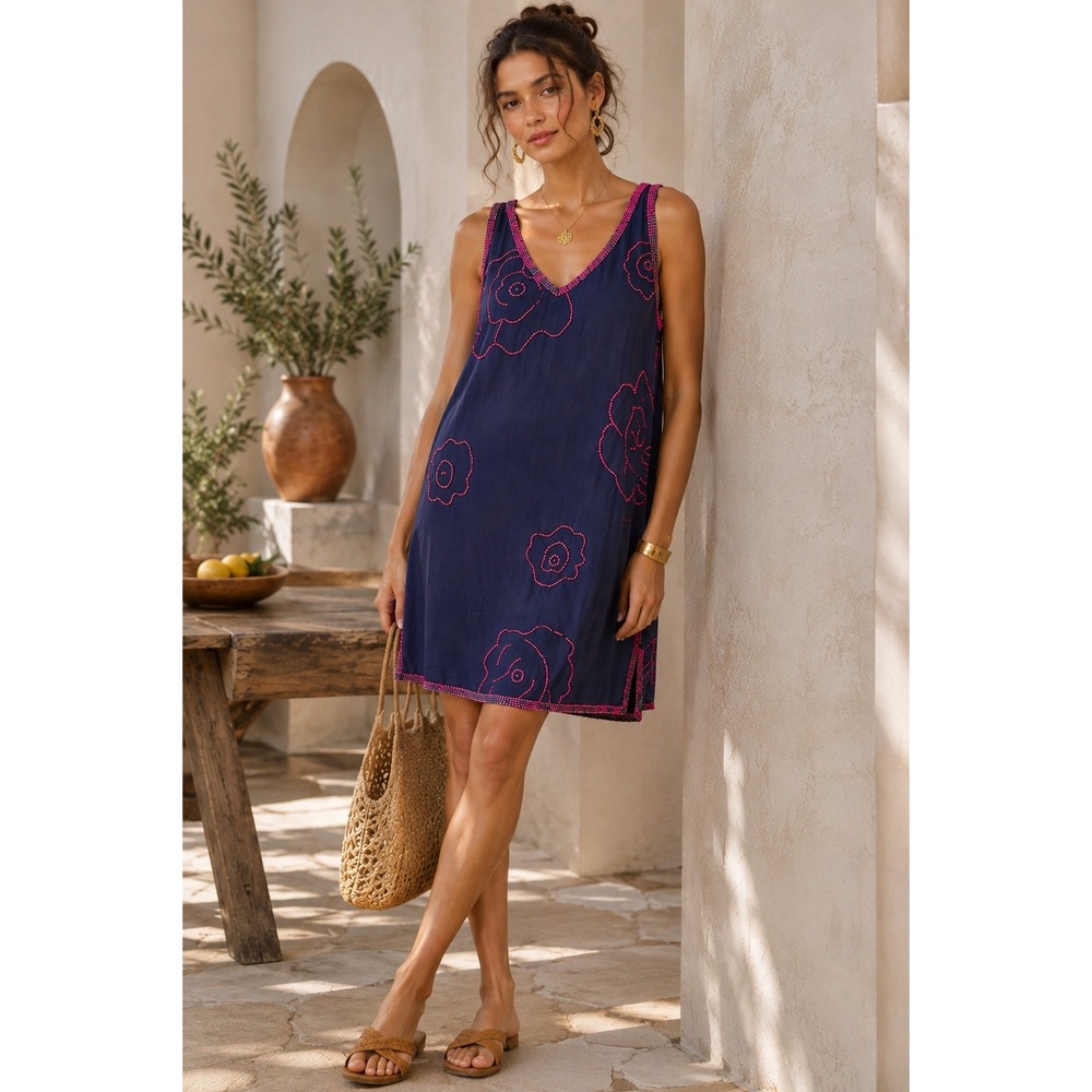 Gretchen Scott Anthropologie Navy Shift Dress Pink Beaded (MSRP: $328)Small